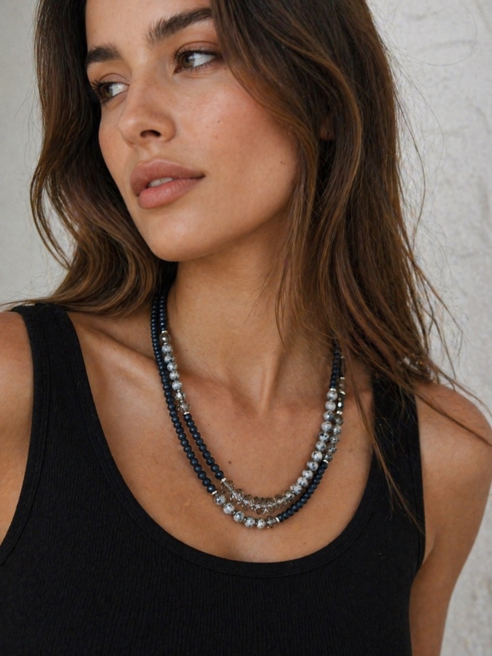 Marilyn Schiff Beaded Necklace – Multi-Way Wear | gray Navy Marble + Crystal